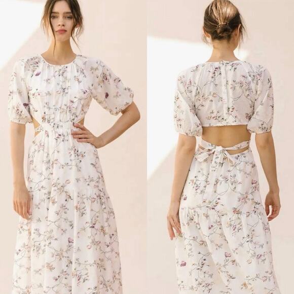 Storia Dresses & Skirts - Storia Midi Dress Floral Embroidered Open Back Puff Sleeve Womens Size M